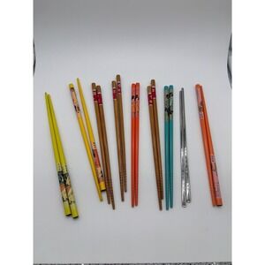 Vintage Mixed Chopstick Lot8 Pairs Bamboo Wood Stainless Steel Geisha Floral Art
